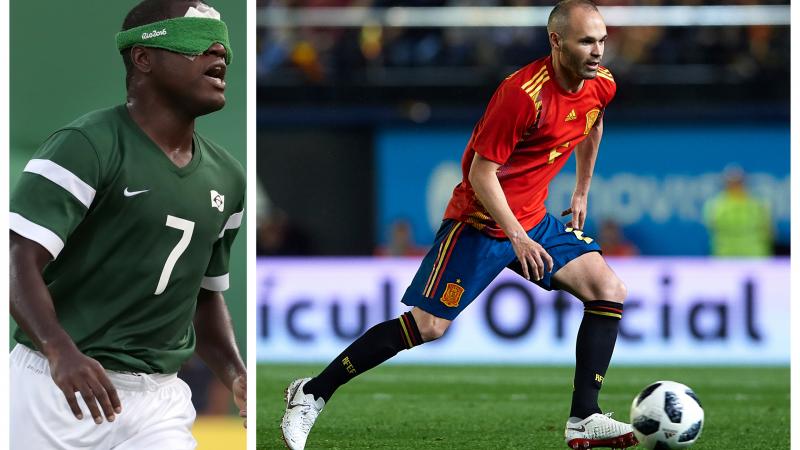 a male blind footballer and a male able-bodied footballer on the pitch
