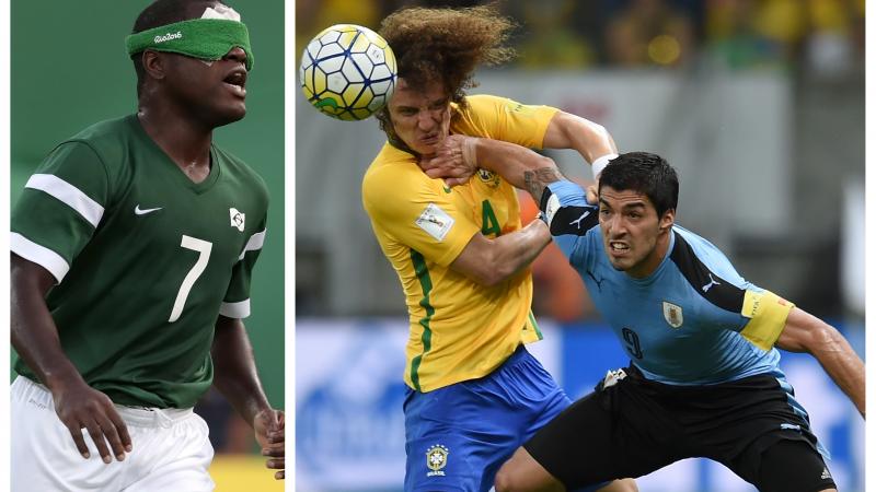 a male blind footballer and two able-bodied footballers fighting for the ball