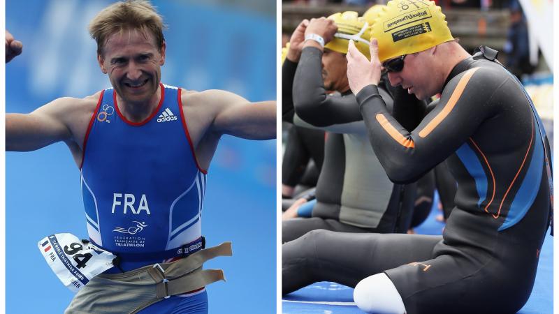 a male Para triathlete celebrating crossing the line and a male Para triathlete preparing to swim