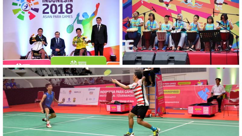 A group of Para athletes on a podium, children playing instruments, and two Para badminton players on court