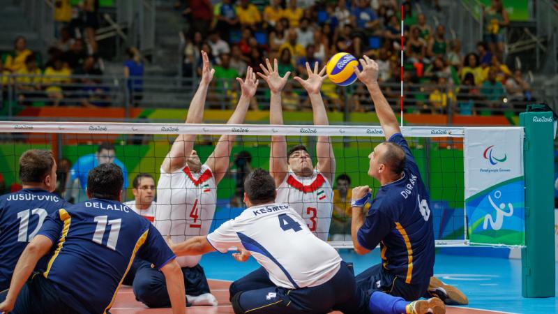 a group of male sitting volleyball players in action on the court