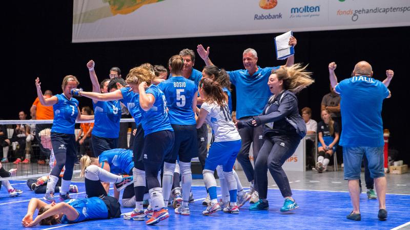 Italian sitting volleyball team celebrates after beating hosts Netherlands at the 2018 World Championships