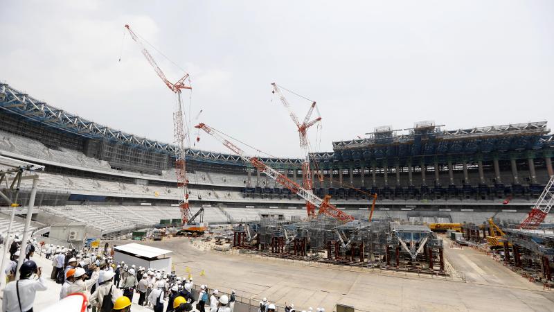 a wide shot of the Tokyo 2020 Olympic Stadium under construction