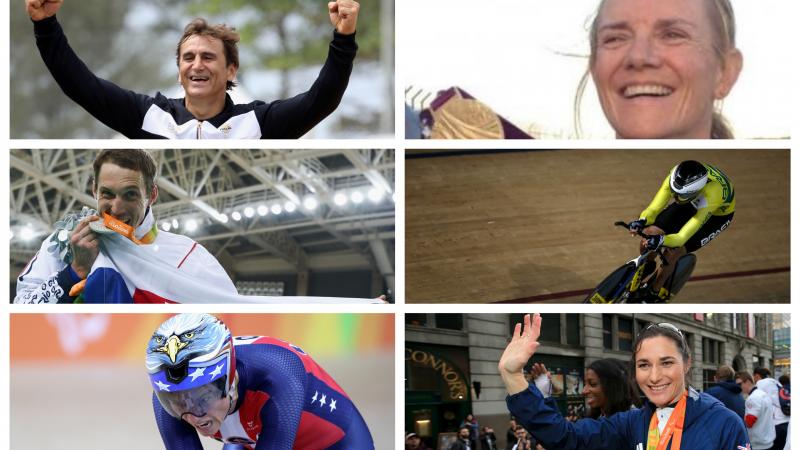 Collage of Para cyclists Zanardi, Cooke, Metelka, Chaman, Storey and Morelli