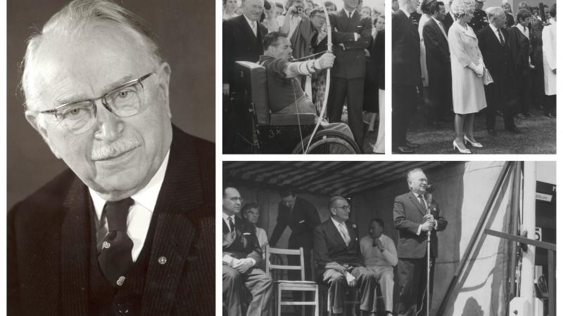 Collage Sir Ludwig Guttman with the Queen, watching a Para archer and speaking on a podium