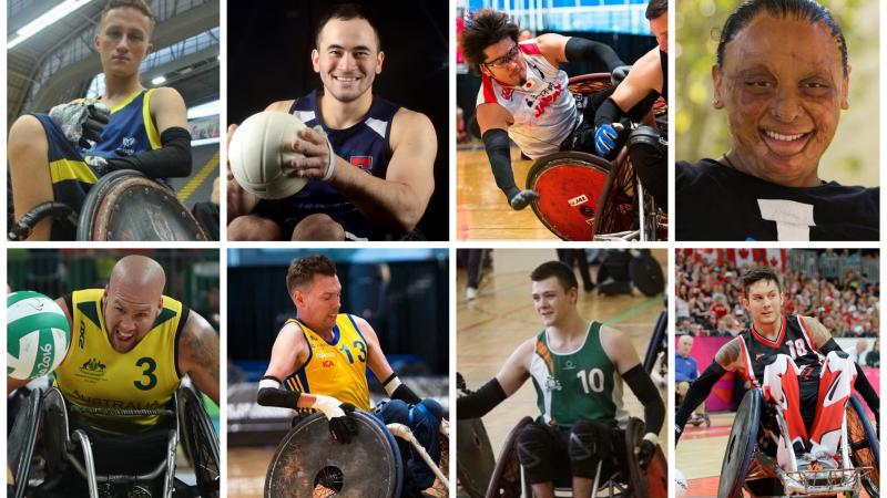 collage of eight wheelchair rugby players in action