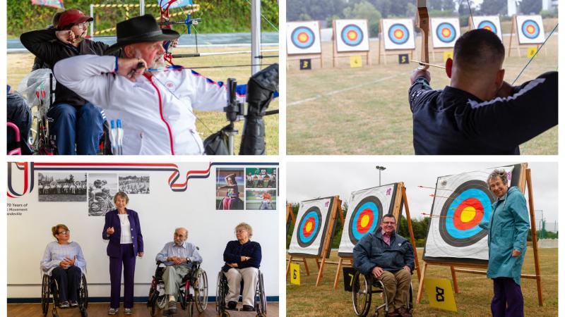 people in wheelchairs taking part in an archery demonstration at Stoke Mandeville hospital