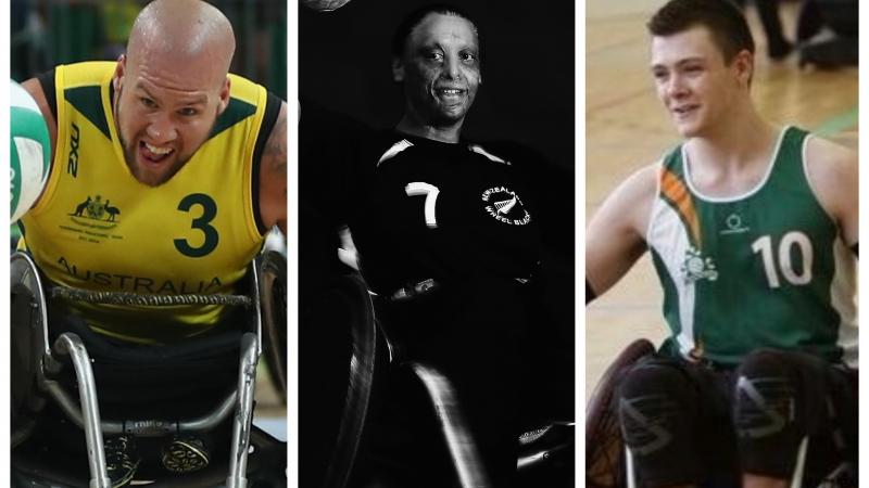 wheelchair rugby players Ryley Batt, Maia Amai and Thomas Moylan in action on the court