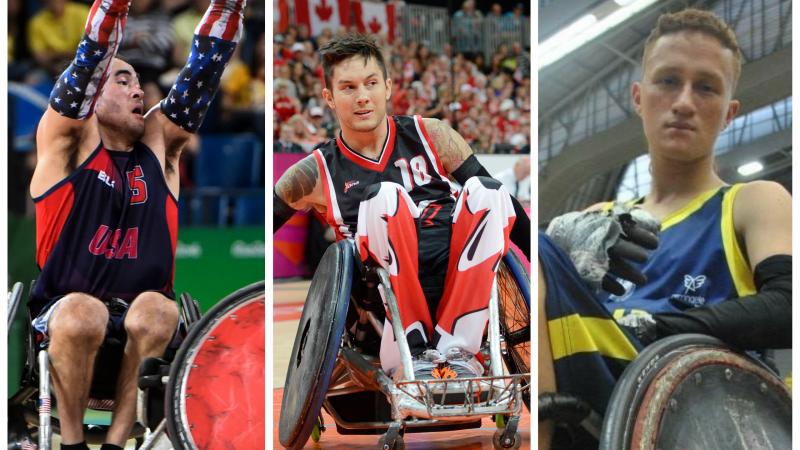 wheelchair rugby players Chuck Aoki, Trevor Hirschfield and Carlos Neme in action on the court