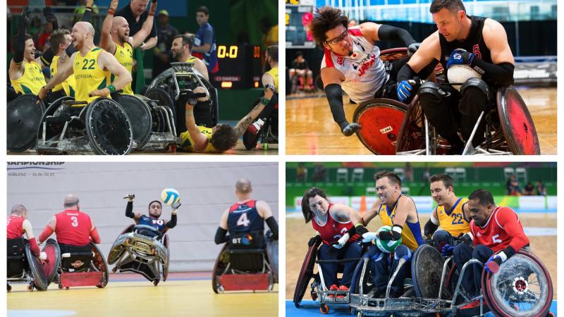 wheelchair rugby players from Australia, Japan, Great Britain, Denmark and Sweden in action on the court