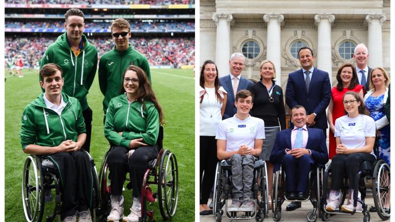 A group of male and female swimmers in wheelchairs on a football pitch and with the Taoiseach outside Dublin's government buildings