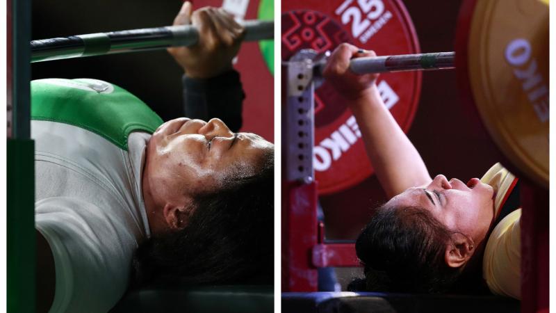 female powerlifters Lucy Ejike and Gihan Abdelaziz on the bench ready to lift