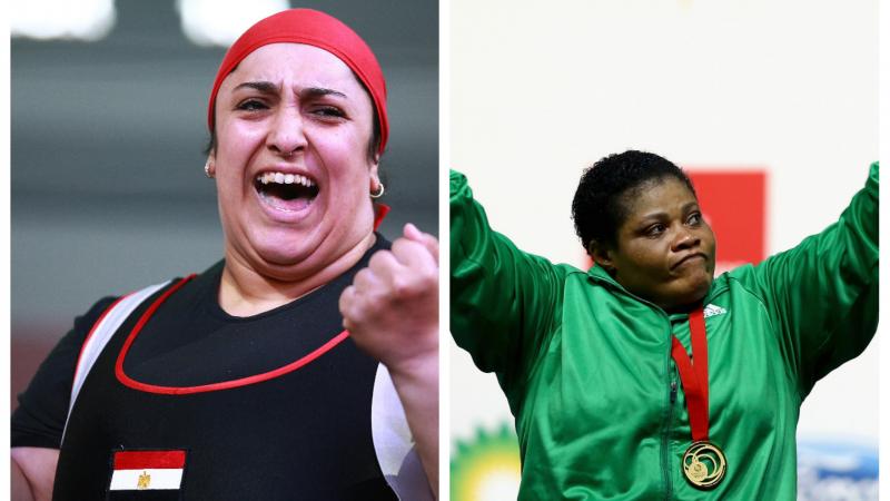 Female powerlifters Randa Mahmoud and Loveline Obiji saluting the crowd