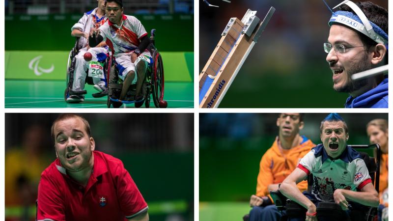 four male boccia players in action