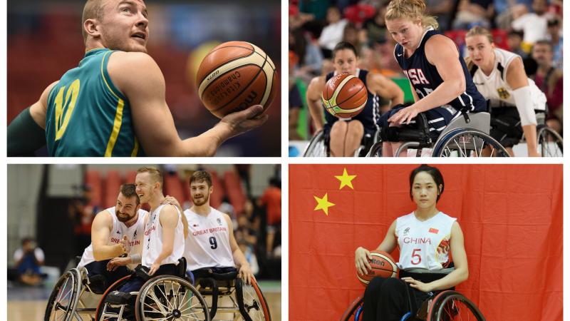 male and female wheelchair basketballers competing on the court