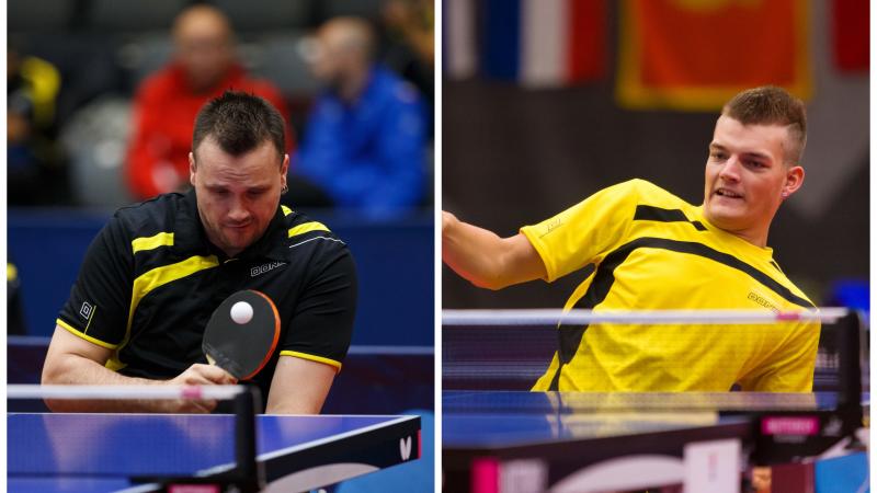 male Para table tennis players Thomas Bruechle and Thomas Schmidberger in action