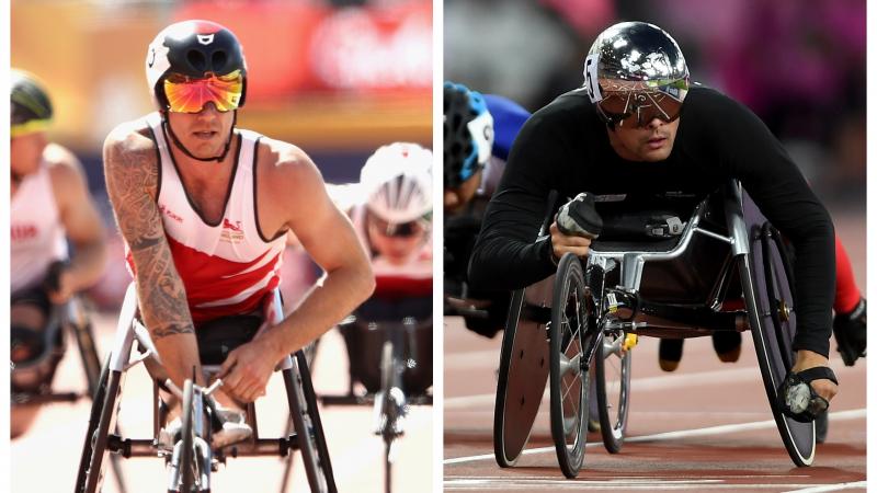 male wheelchair racers Richard Chiassaro and Marcel Hug on the track