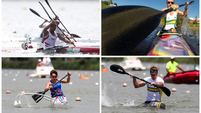 two male and two female Para canoeists in action on the water