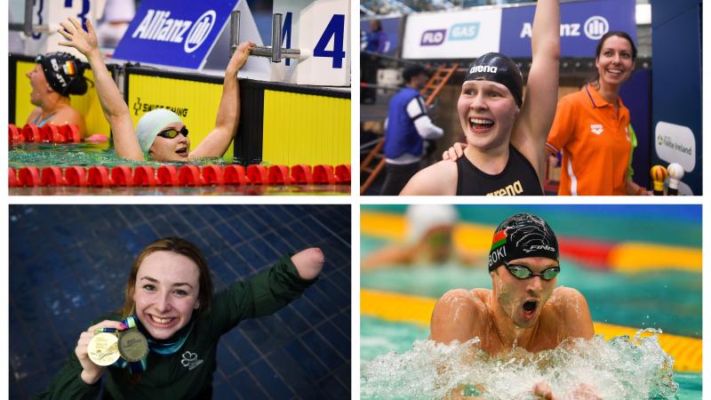 Para swimmers Ihar Boki, Liesette Bruinsma, Ellen Keane and Yelyzaveta Mereshko celebrating their wins