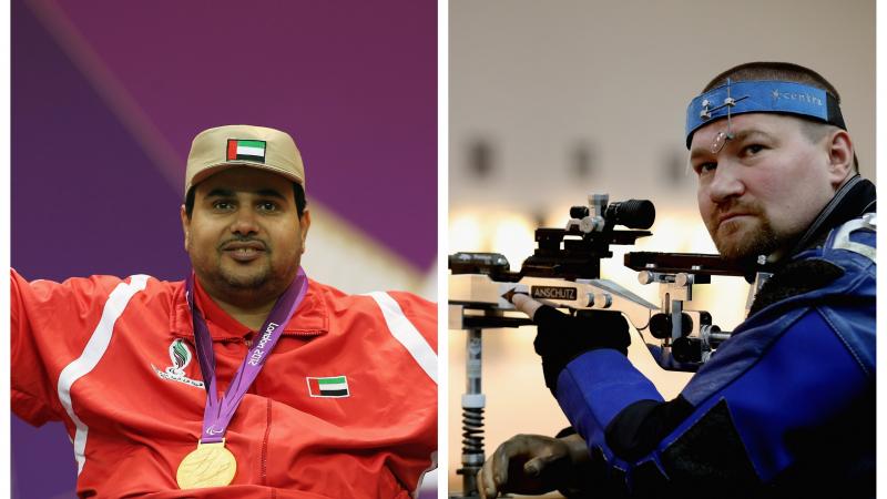 male Para shooters Abdulla Sultan Alaryani and Vasyl Kovalchuk take aim