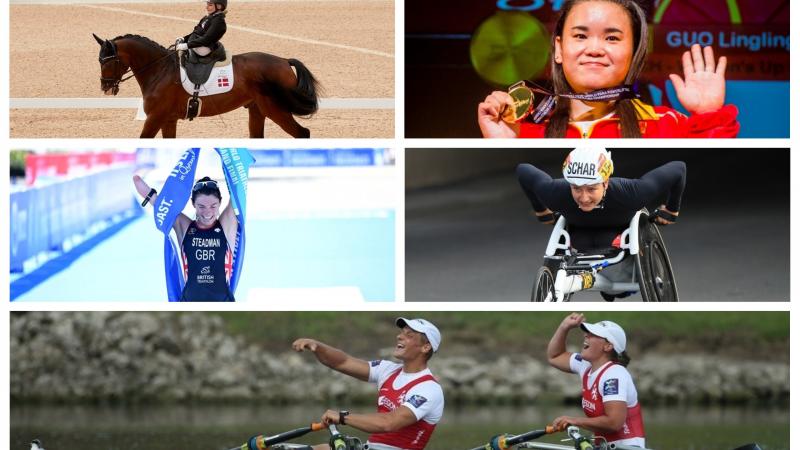 Picture collage of four female and one male athlete 