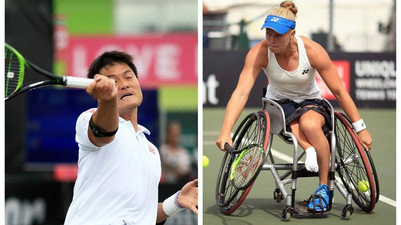 wheelchair tennis players Shingo Kunieda and Diede de Groot playing a forehand and a backhand