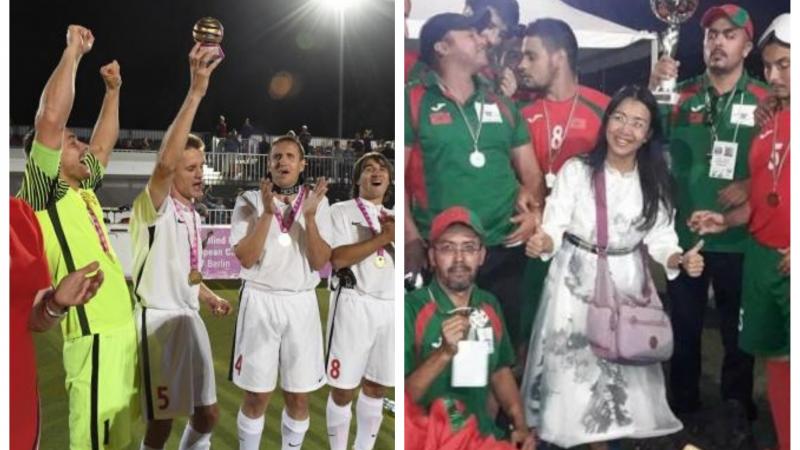 two groups of blind footballers from Russia and Morocco celebrating with a trophy