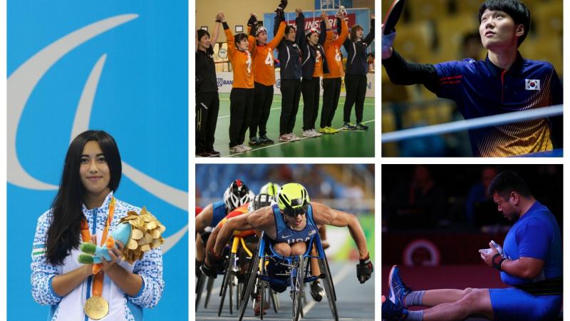 Collage with a swimmer, powerlifter, goalball team, wheelchair racer and table tennis player