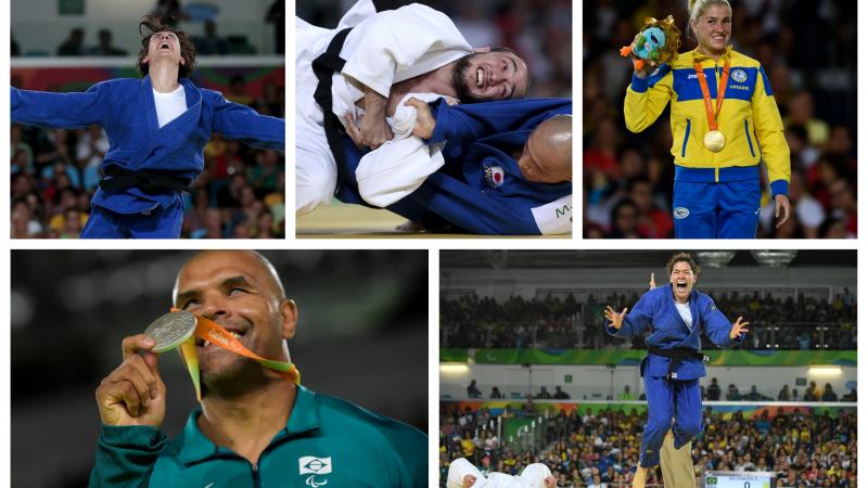 five judokas competing on the mat