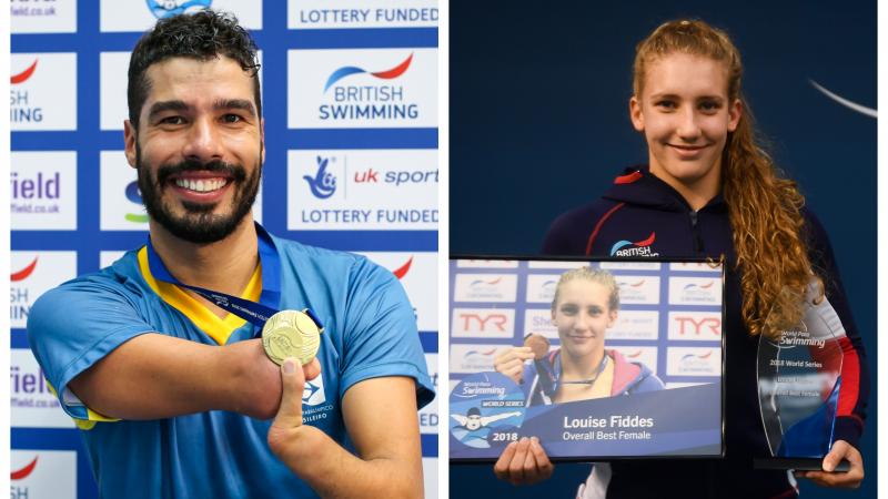 male Para swimmer Daniel Dias holding a gold medal and female Para swimmer Louise Fiddes holding a trophy