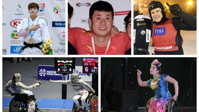 Picture collage of two snowboarders, a Para dancer, wheelchai fencer and judoka 