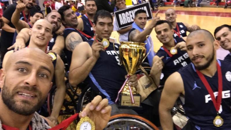 Selfie of Argnetina men's wheelchair basketball team after their gold medal victory