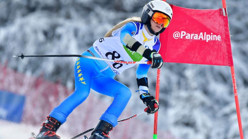 female Para alpine skier Ilma Kazazic skies round a gate