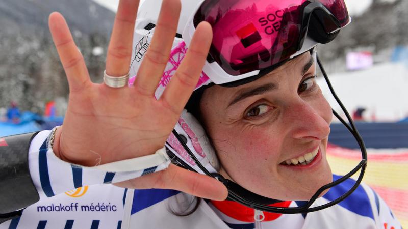 Marie Bochet - France - 2019 World Para Alpine Skiing Championships A woman showing the number five with her fingers