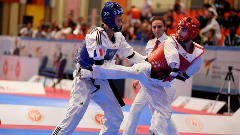 male Para taekwondo fighter Anthony Cappello kicks another fighter in the groin