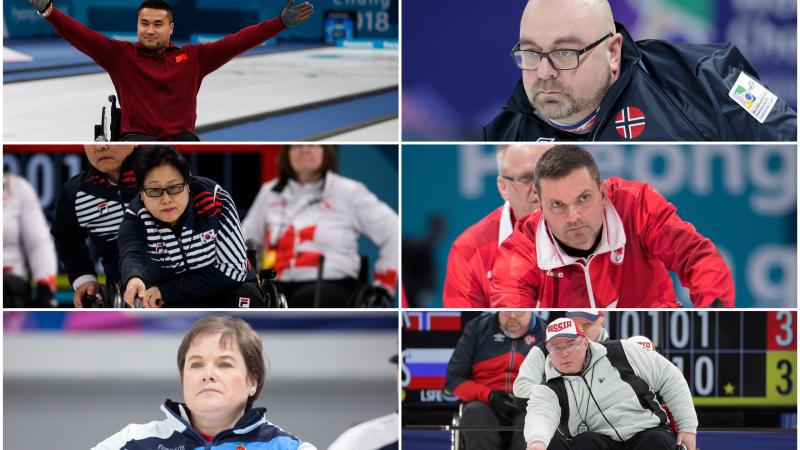 four male and two male wheelchair curlers 