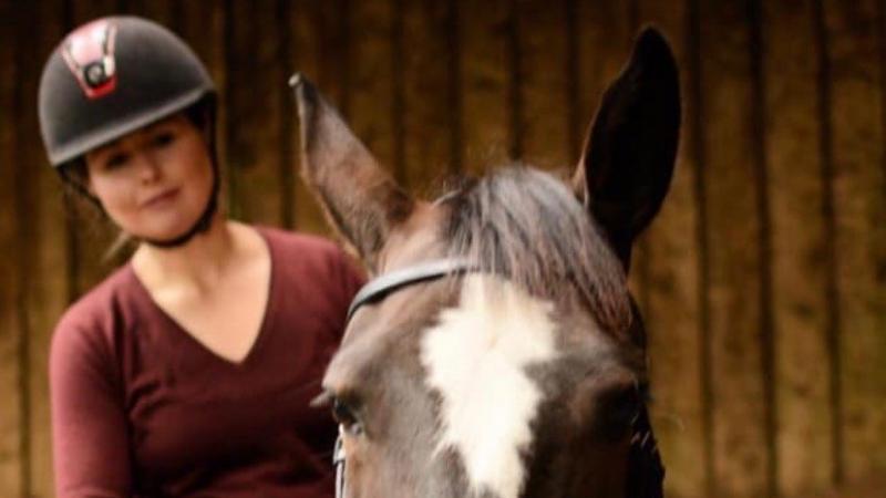 Close up photo of a horse with a woman sitting on it in the back