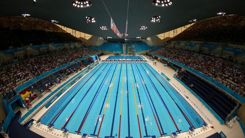 a high wide shot of the swimming pool at the London 2012 Aquatic Centre