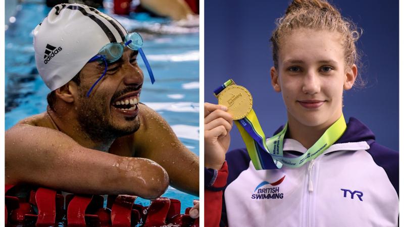 male Para swimmer Daniel Dias laughs in the pool and female Para swimmer Louise Fiddes holds up a gold medal