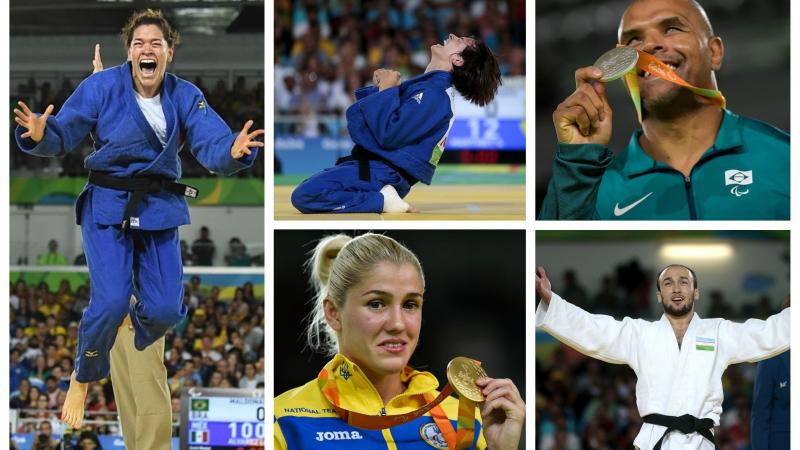 Picture collage of five judoka either with their medals or celerbating