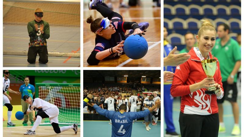 Photo collage of five goalball players