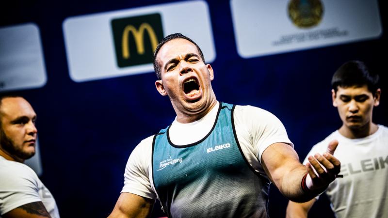 Egyptian powerlifter Sherif Osman screams after winning the world title in Nur-Sultan