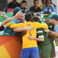 Ricardinho of Brazil and his team mates celebrate after scoring a goal in the men's football 5-a-side