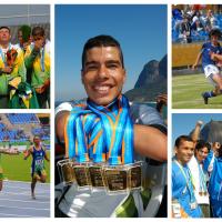 a group of athletes competing in Para sport and showing off their medals