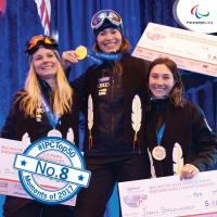 three female Para snowboarders on the podium