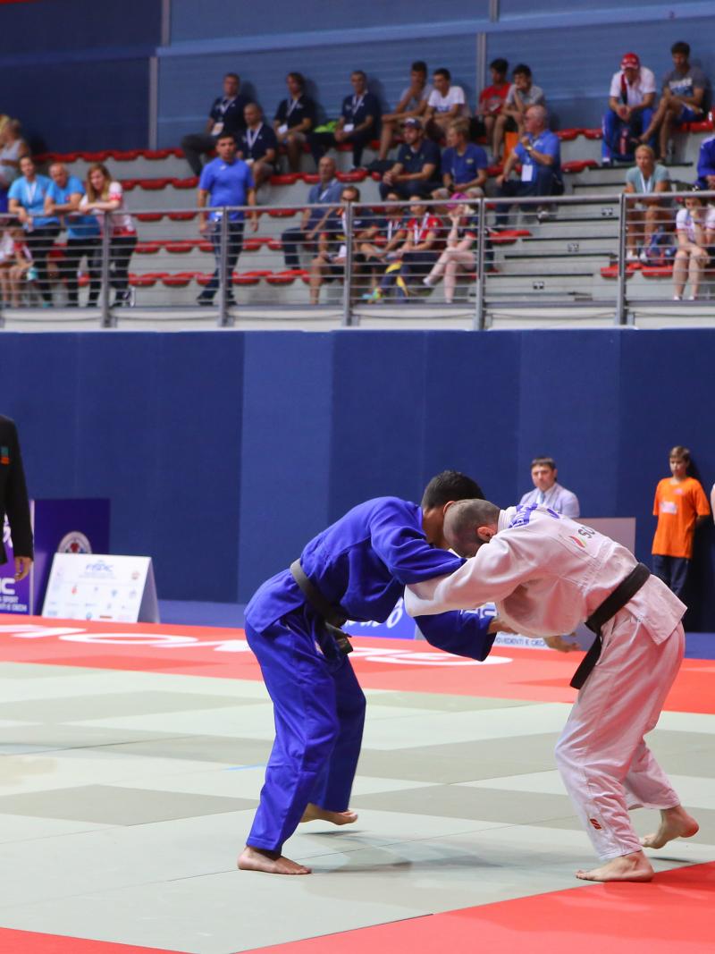 Russian and Georgian judokas grab each other on the tatami as the judge and spectators watch