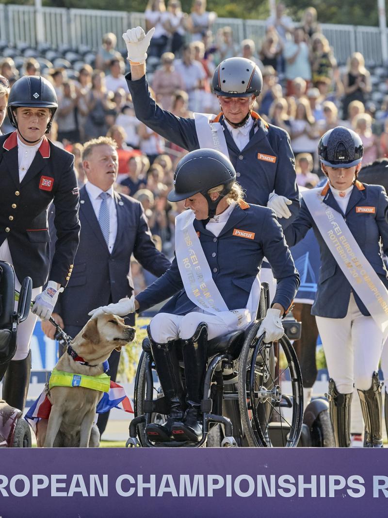 Group photo of Dutch Para dressage team on podium