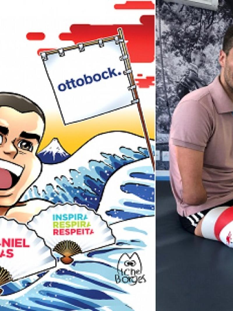 Daniel Dias with his new prosthetic leg and his manga version designed by artist Michel Borges