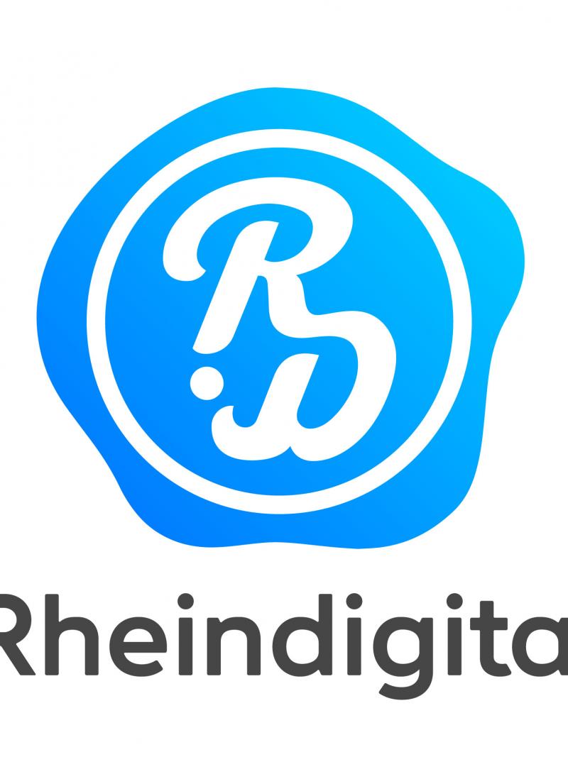 Blue and white logo of agency named Rheindigital