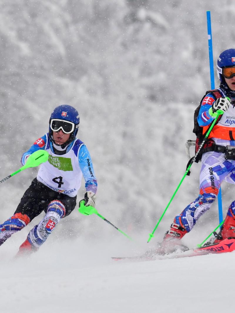 A female guide skier and a male blind alpine skier competing 